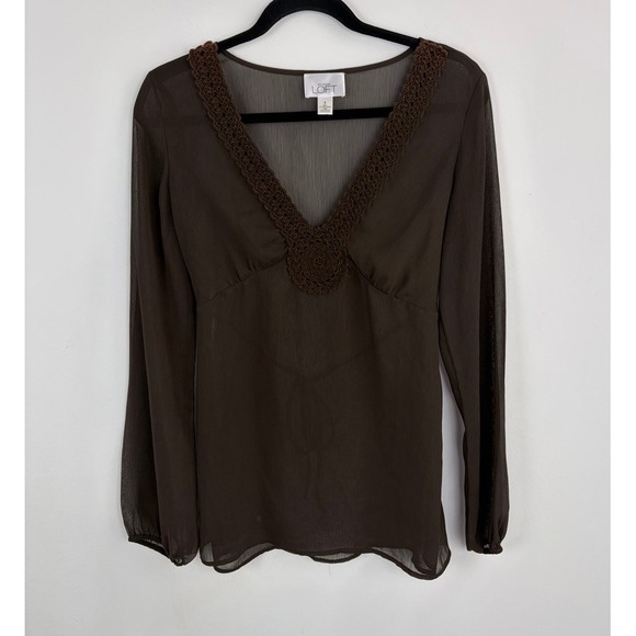 LOFT Tops - Y2K Babydoll Blouse Loft Sheer Long Sleeve Brown V-neck Fairycore Top Size 6